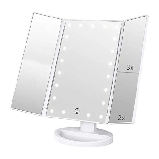 Tri-fold Lighted Vanity Makeup Mirror with 3x/2x/1x Magnification, 21Leds Light and Touch Screen,180 Degree Free Rotation Countertop Travel Cosmetic Mirror ( White )