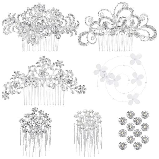 Boao 56 Pieces Wedding Bridal Hair Accessories Including Crystal Faux Pearl Comb Rhinestone Hair Pins Clips U-shaped Faux Flower Spiral Hair Clips for Bride Bridesmaid ( White )