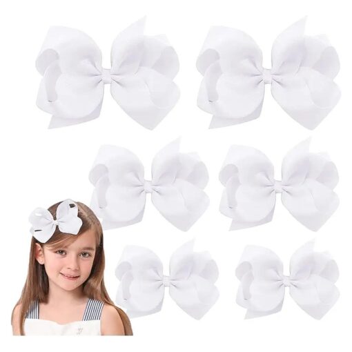 White Hair Bows For Girls and Toddler - 6 pcs White Bow 6 inch x2, 4 inch x2, 3 inch x2