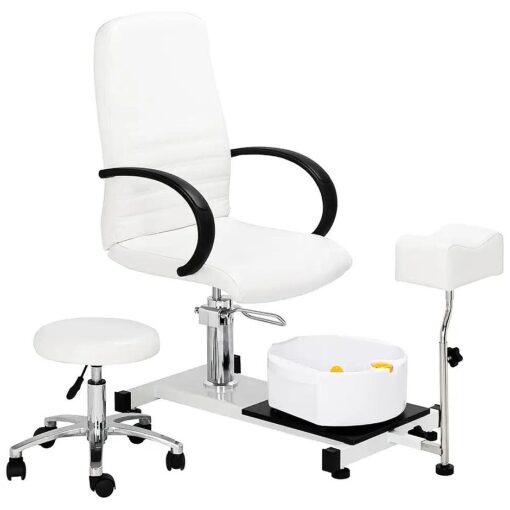 Pedicure Chair White with Stool & Bubble Massage Foot Bath, Hydraulic Pedi Chair for Nail Tech, Beauty Spa Salon Unit Station Technician Supplies