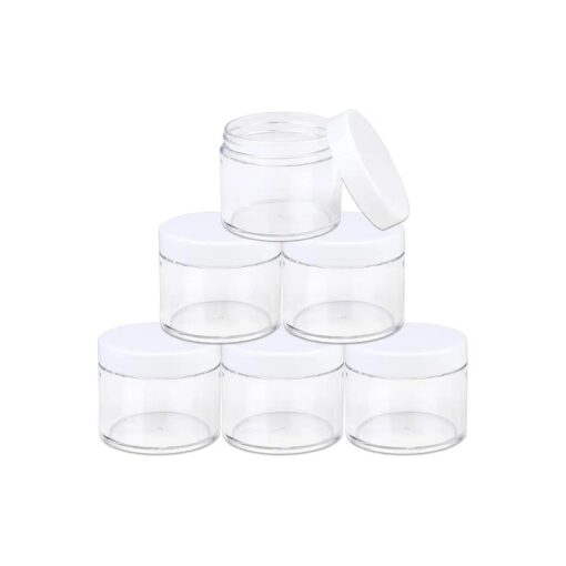 Beauticom 60 Grams/60 ML ( 2 Oz ) Round Clear Leak Proof Plastic Container Jars with White Lids for Travel Storage Makeup Cosmetic Lotion Scrubs Creams Oils Salves Ointments ( 6 Jars )