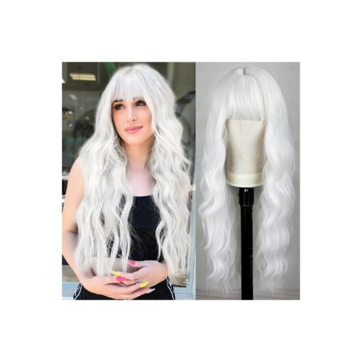 BOGSEA White Long Hair Wigs with Bangs White Long Wig for Women White Wavy Wigs Synthetic Heat Resistant Fiber Wigs for Daily Party 26 Inch