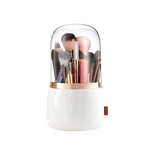 Makeup Brush Holder Organizer with Lid 360 Rotating Make Up Brushes Container, Suitable For Vanity/Dresser/Bathroom ( White )