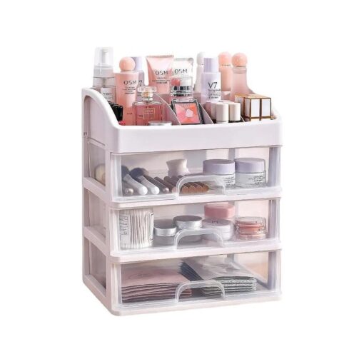 Makeup Organizer for vanity, Assemble-Free Clear 3 Tiers Drawers Countertop Storage Box, Small Cute Brushes, and Skincare Cosmetic Display Case Holder for Desk White ( White )