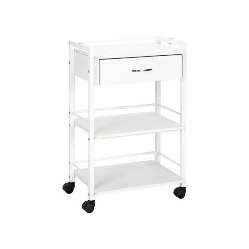 Salon Trolley Cart for Beauty SPA, Wooden Rolling Storage Station, White Mobile Utility Cabinet with 1 Drawer 2 Trays, Medical Esthetic Supply Holder for Massage Tattoo Facials