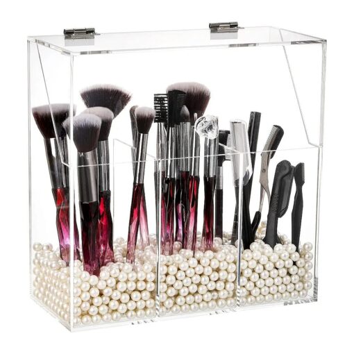 Okllen Makeup Brush Holder with Dustproof Lid, White Pearls, Acrylic Clear Makeup Brush Organizer with 3 Compartment, Large Cosmetic Brush Storage Box Case for Vanity, Bathroom, Bedroom