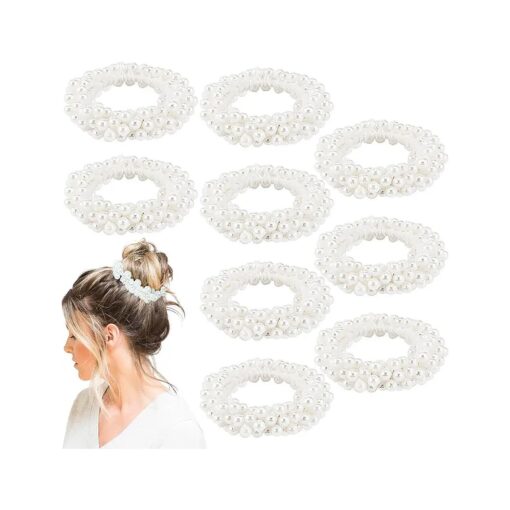 Ahoney 9Pcs Pearl Hair Tie Elastic White Hair Scrunchies Hair Pearls Stretchy Bracelet Hair Ties for Women 's Hair Boho Wedding White Pearl Hair Accessories for Women Girls ( White )