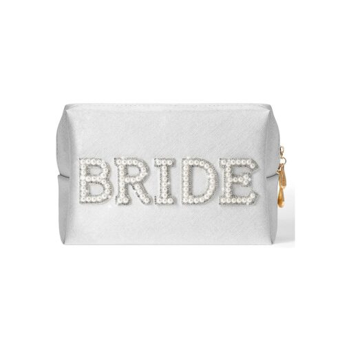 Bride to be Patch Pearl Rhinestone Bag Cosmetic Travel Toiletry Bag Letter Large White Makeup Bag Portable Purse for Women Makeup Bridal Shower Gift Engagement Bachelorette Party Favors