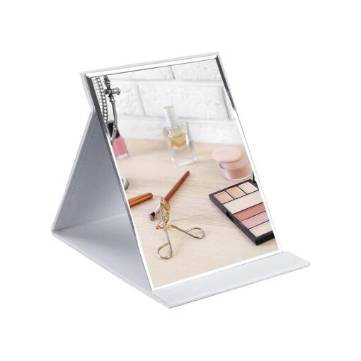 ZBEIVAN 10x7 Inches Portable Folding Makeup Mirror, Frameless PU Leather Desk Mirror with Stand for Camping Travel Tabletop Personal, White