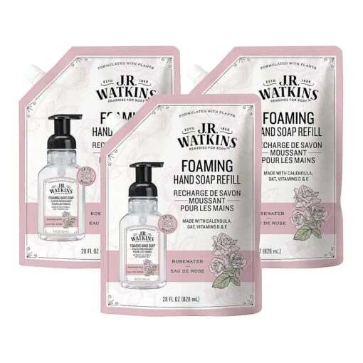 J.R. Watkins Foaming Hand Soap Refills, All Natural, Alcohol-Free Hand Wash, Cruelty-Free, USA Made, Moisturizing Hand Soap Refill for Bathroom or Kitchen, Rosewater, 28 fl oz Foam Soap Refill, 3 Pack