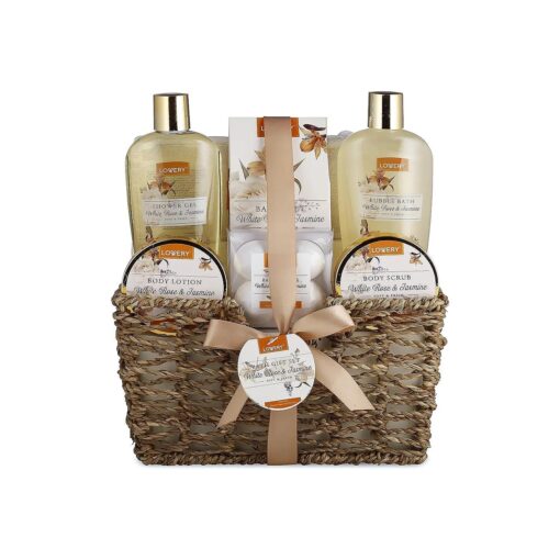 Fathers Day Home Spa Gift Basket - White Rose & Jasmine - Luxurious 11pc Bath & Body Set For Men & Women, Contains Shower Gel, Bubble Bath, Body Lotion, Scrub, Bath Salt, 4 Bath Bombs, Loofah & Basket