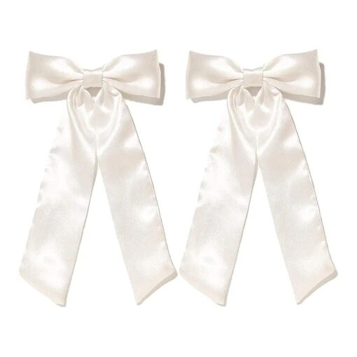 Furling Pompoms Hair Bow Clips for Women, White Hair Bows Clips,2pcs Long Tail Ribbons Bows, Big Satin Bows Hairpins Barrettes Girls Hair Accessories