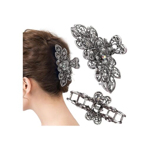 CROWN GUIDE Fancy Hair Claw Jaw Clips Pins For Womens, Vintage Rhinestone Crystal Flowers Hair Barrette for Thick Hair Accessories White Silver