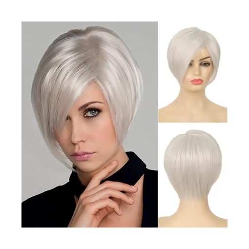 Baruisi Short Bob Pixie Wigs for Women White Bob Cut Straight Hair Wig Synthetic Halloween Cosplay Replacement Wig