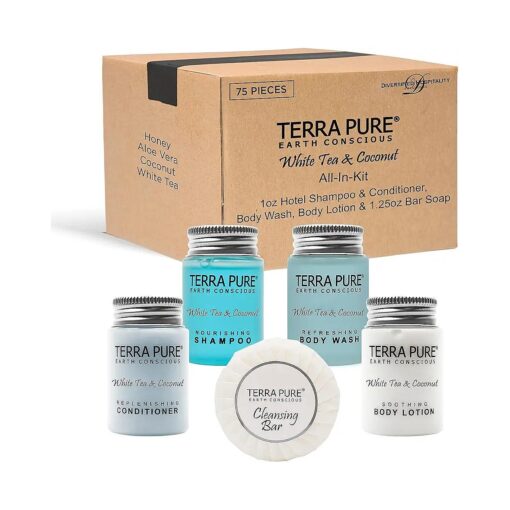 Terra Pure White Tea & Coconut Hotel Size Toiletries Set | 1-Shoppe All-In-Kit | 1 oz, Liquids and 1.25 oz, Bar Soap | Amenities For Hotels, Airbnb & Rentals | ( 75 pieces )