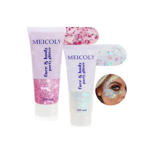 MEICOLY 2pcs Face Body Glitter, Singer Concerts Festival Rave Accessories, Mermaid Face Glitter Gel, Sparkling Sequins Glitter Face Paint, Chunky Glitter for Eye Lip Hair,100ml, White+Pink