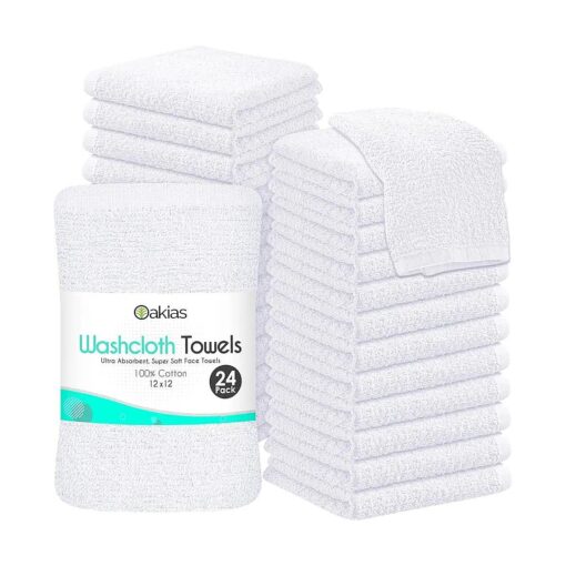 Oakias 100 % Cotton Washcloths White - 24 Pack - Facial and Spa Towels - 12 x 12 Inches Quick Drying Bulk Wash Cloths