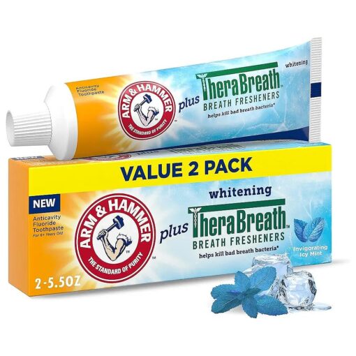 ARM & HAMMER Toothpaste Plus TheraBreath Breath Fresheners, Invigorating ICY Mint Flavor, Whitening Anticavity Fluoride Toothpaste for Bad Breath, 5.5 Oz ( Pack of 2 )