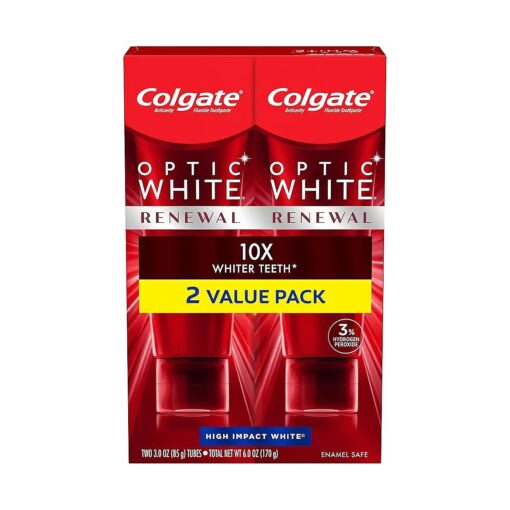 Colgate Optic White Renewal Teeth Whitening Toothpaste with Fluoride, 3 % Hydrogen Peroxide, High Impact White, Mint - 3 Ounce ( 2 Pack )