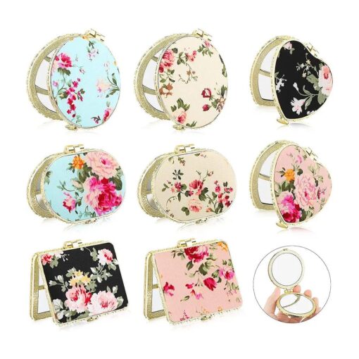 Blulu 8 Pieces Compact Mirror for Purse Flower Small Compact Mirror Gift Bulk Makeup Mirror Floral Pocket Mirror Retro Folding Portable Travel Mirror for Women Girls ( Gold Edge )