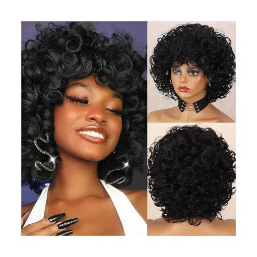 Short Loose Curly Black Wig with Bangs Synthetic Kinky Curly Wavy Black Hair Wig Shoulder Length Daily Heat Resistant Hair Replacement Wigs for Women