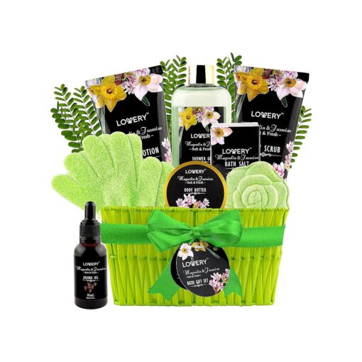 Fathers Day Luxury Spa Bath Gift Set for Women, Magnolia & Jasmine Gift Basket with Jojoba Oil, Shower Gloves, Shower Gel, Lotion, Body Butter, Body Scrub, Bath Salt, and Bath Bomb in a Wicker Basket