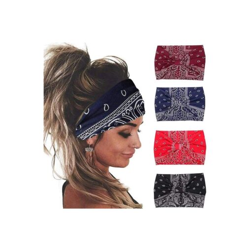 Brishow Boho Bandeau Headbands Wide Stretchy Turbans Floral Printed Hair Bands Yoga Workout Running Knot Hair Scarf for Women and Girls ( 4 PCS )