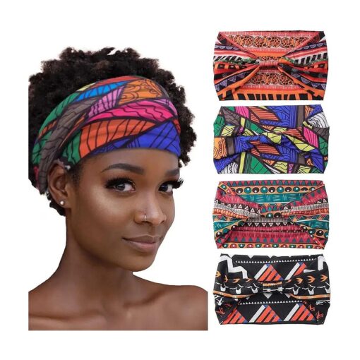 Aceorna African Headbands Boho Knotted Hairbands Stretch Wide Head Wraps Elastic Yoga Turban Hair Scarfs Workout Printed Hair Accessories for Women and Girls Pack of 4 ( Style A )