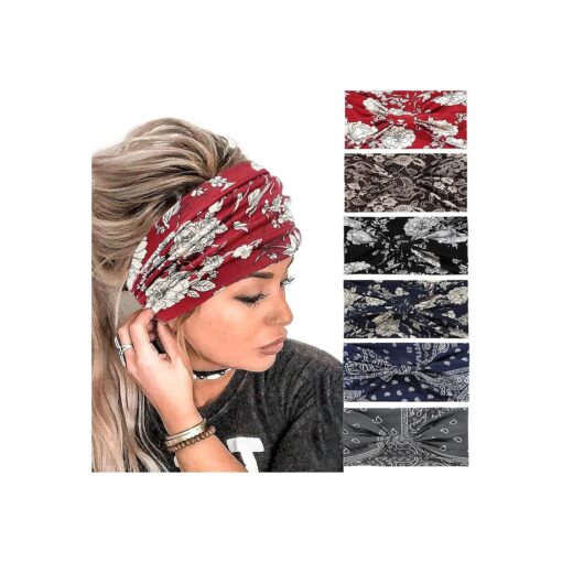 Achiou Wide Headbands for Women Non Slip, Fashion Boho Knotted Hair Bands for Wome 's, Cotton Elastic Hair Wrap for Girls Running Sport Yoga,6 Pack