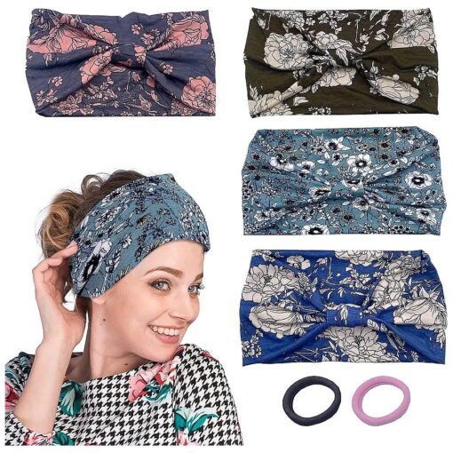 Wide Headbands for Women Ultimate Style and Comfort with great stretch - 4 Pack with 2 Hair Ties - Elevate Your Look with Chic Solid Colors - Perfect for Sports, Yoga, and Fashion everyday