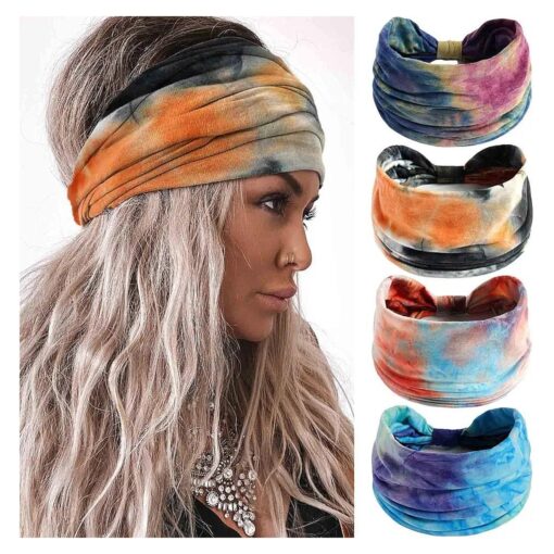 Boho Headbands Wide Head Bands Knotted Turban Headband Nonslip Elastic Head Band Tie Dye Hairbands Workout Hair Scarfs Yoga Sweatbands Bohemian Head Wraps for Women Girls 4Pcs ( # 3 Tie Dye )