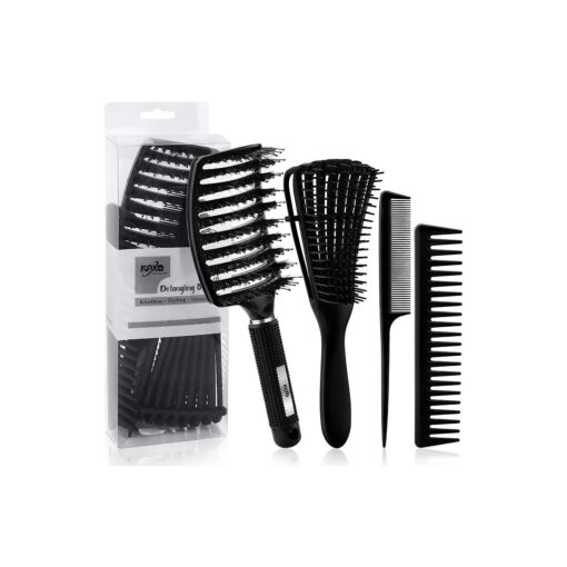 4pcs Curly Hair Brush Set for Adult & Kids Wet or Dry Hair, Detangling Brush for 3/4ABC Hair with Hair Detangler Brush Wide Tooth comb ( 4, Black )