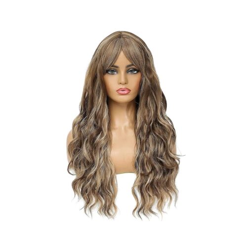 SWACC Long Curly Wavy Wig with Bangs Synthetic Hair Wig for Women with Wig Cap ( Brown Blond Highlight )