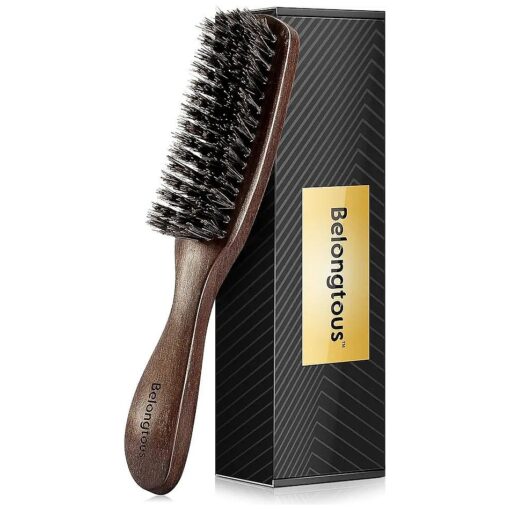 100 % Wild Boar Bristle Hair Brush for Men, Stiff Bristles for Thick Hair, Ergonomically Designed Walnut Handle, Ideal for Detangling, Smoothing, Wave Styles - Belongtous