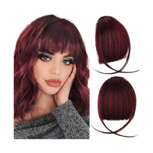 RUN SHUI Clip in Wispy Bangs-Real Human Hair Fake Bangs Hairpieces Wine Red Air Bangs Fringe with Temples Bangs Hair Extensions