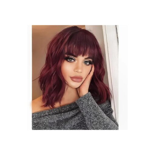 AISI HAIR Curly Bob Wig with Bangs Short Wavy Wine Red Color Wigs for Women Bob Style Synthetic Heat Resistant Bob Wigs