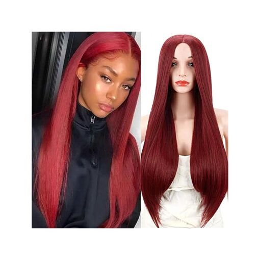 Kalyss Women 's Wig Long Straight Wine Red Middle Parting Heat Resistant Yaki Synthetic Cosplay Costume Full Hair Wig