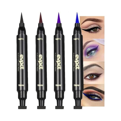 evpct Winged Wing Colored Eyeliner Stamps Stencil Wingliner Liquid Set Eye Liners for Women 4 Color Black Brown Purple Blue Cat Eye Face Stamp Liquid Eyeliner Colorful Makeup Set Waterproof 1