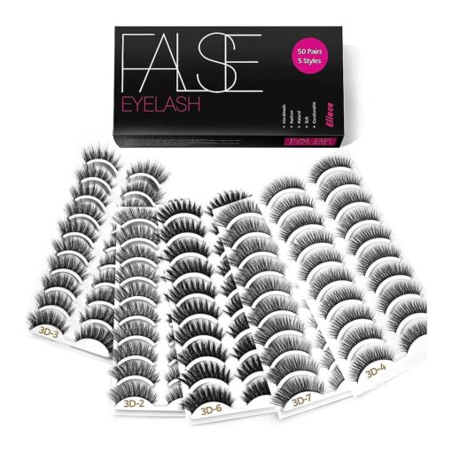 Eliace Eyelashes, 50 Pairs 5 Styles lux Faux Mink Lashes Natural Look Wispy Fluffy Handmade Cat Eye lashes Pack False Eyelashes Set, Comfortable & Lightweight Lashes Strips, Makeup Fake Eyelashes Pack