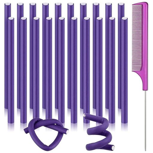 20 Pcs Flexible Curling Rods Twist Foam Hair Rollers Soft Foam No Heat Hair Rods Rollers Curlers and Steel Pintail Comb Rat Tail Comb for Women Girls Long and Short Hair ( 0.31 x 9.4 Inch, Purple )