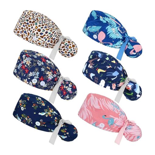 6 Pcs Scrub Caps Women Nursing Hats with Buttons Adjustable Bouffant Nurse Ponytail Holder Turban Patterns