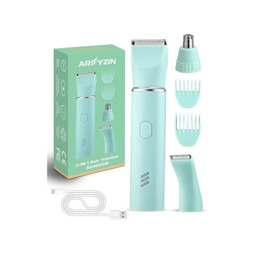 Bikini Trimmer for Women Pubic Hair Trimmer Body Groomer Electric Razors Shavers for Pubic Arms Leg Hair Removal, with Extra Nose Trimmer Head, Rechargeable, IPX7 Waterproof, Green