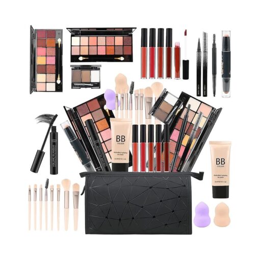 All in One Makeup Gift Set for Women Full Kit for2x14-color eyeshadow palettes,5xlipgloss sets, mascara, eyeliner, eyebrowpowder, eyebrow pencil, foundation, highlighter stick etc