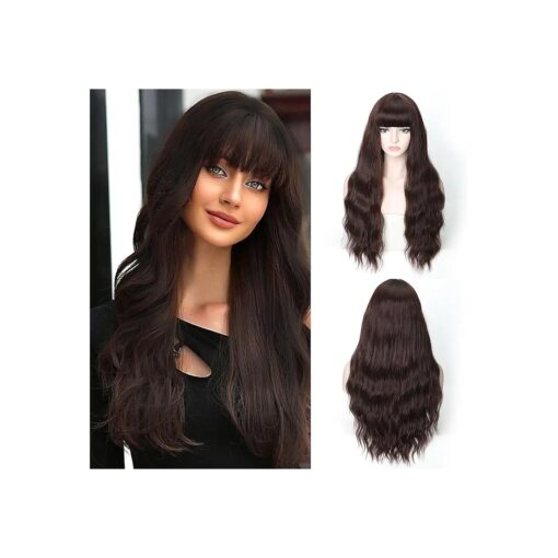 Dark Brown Synthetic Wig Women Cosplay Wig with Bangs 26 inch Long Wavy Curly Full Wig Glueless Heat Resistant Halloween Party Wig Daiy Wear