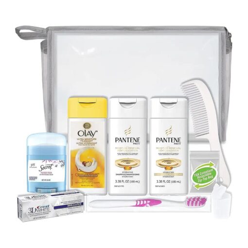 Convenience Kits International Women 's 10-Piece Deluxe Kit with Travel Size TSA Compliant Essentials, Featuring : Pantene Hair Products in Reusable Toiletry Bag - Clear color