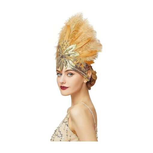 BABEYOND Carnival Feather Headpiece Showgirl Headband Women 's Feather Pageant Headband 1920s Flapper Headband ( Gold )