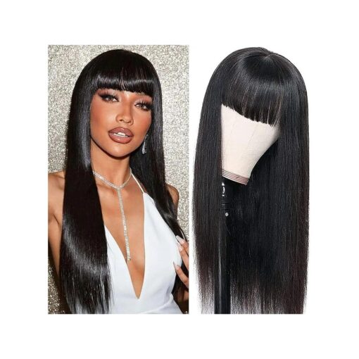 5x5 Glueless Wig Human Hair Straight Lace Front Wigs with Bangs Human Hair for Woman HD Lace Closure Wigs 180 % Density Natural Color 30 Inch