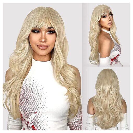 N NAYASA Long Blonde Wigs with Bangs Blonde Wigs for Women Layered Synthetic Hair Wig Heat Resistant Wig for Daily Party Use ( 24inch )