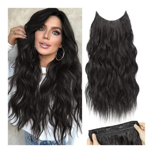 NANNAN Black Hair Extensions Invisible Wire Wavy Hair with Transparent Wire Adjustable Size 4 Secure Clips Long Synthetic Secret Hairpieces 20" for Women