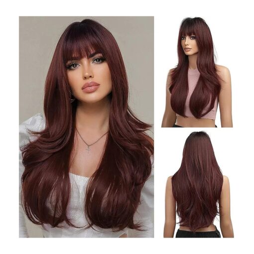 Esmee Long Ombre Red Wigs for Women Natuaral Synthetic Wavy Curly Hair Burgundy Wig with Fringe for Daily Party Cosplay Use-24 Inches